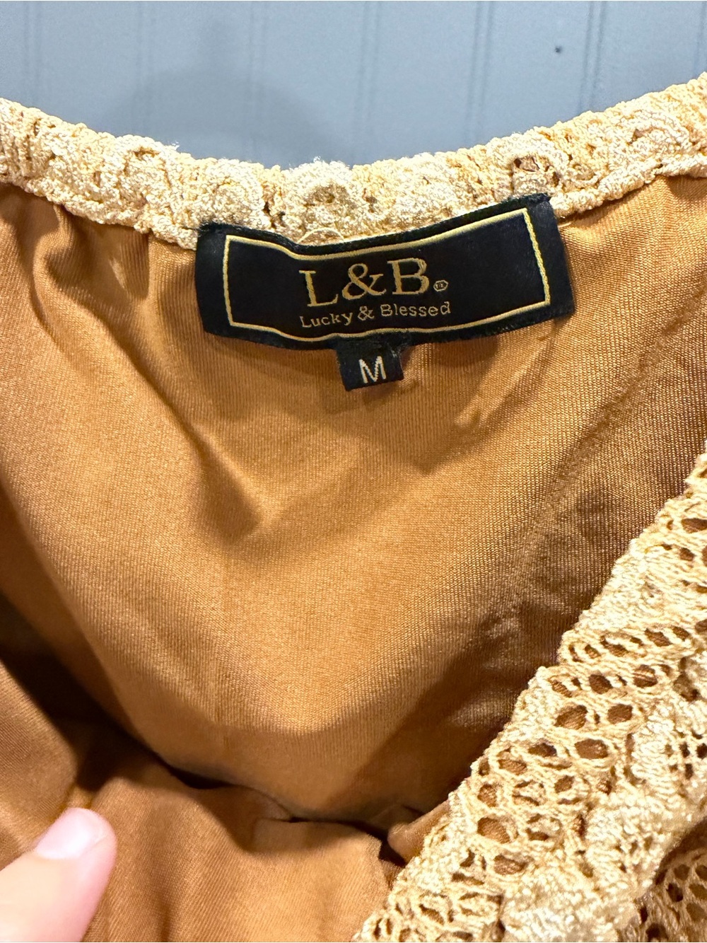 Lucky & Blessed One-Shoulder Scalloped Lace Dress in Tan - Picture 2 of 6